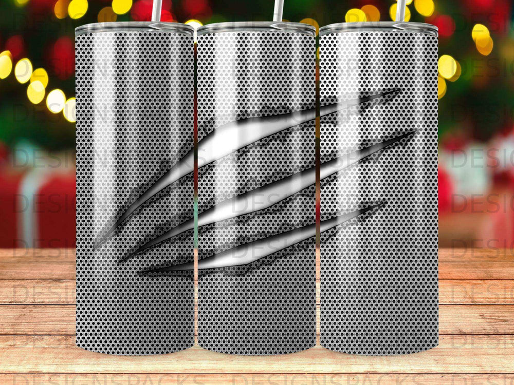 Silver tumbler with black claw marks and a metallic dot pattern.