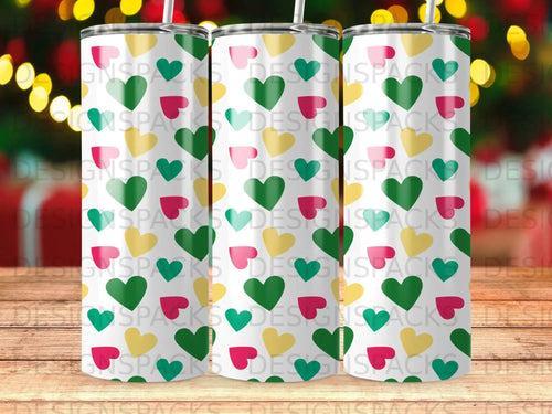 Three tumblers with heart pattern in green, yellow, and red.