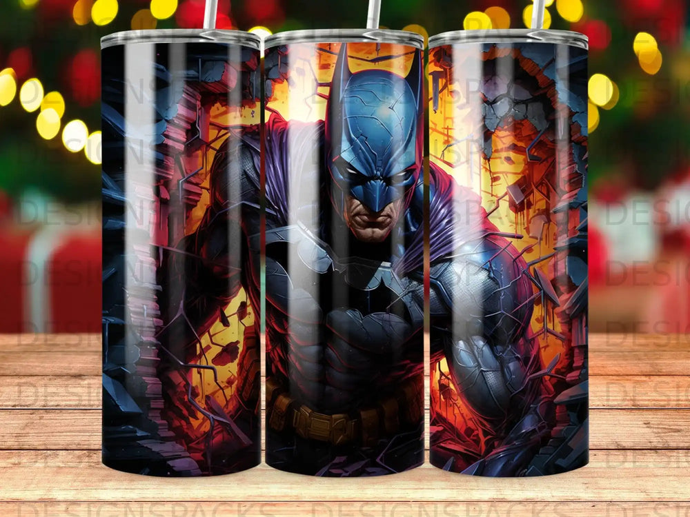 Batman bursts through a brick wall in a dramatic comic book-style illustration.