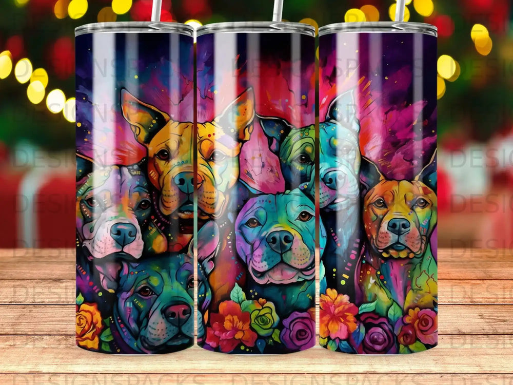 Colorful abstract painting of pit bulls with vibrant floral accents.