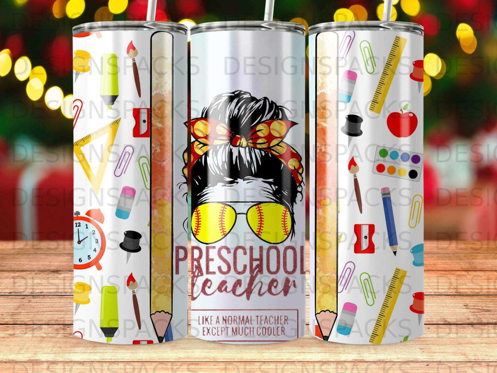 Tumbler with "Preschool Teacher Except Much Cooler" text and school-themed graphics.