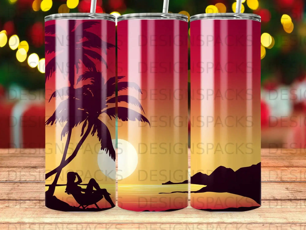 Sunset beach scene with palm trees and silhouetted figure on a tumbler.