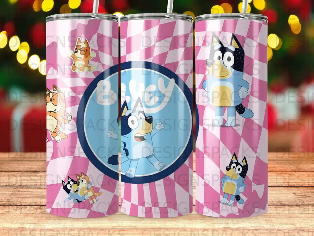 Bluey and Bingo cartoon characters on pink and white striped tumbler.
