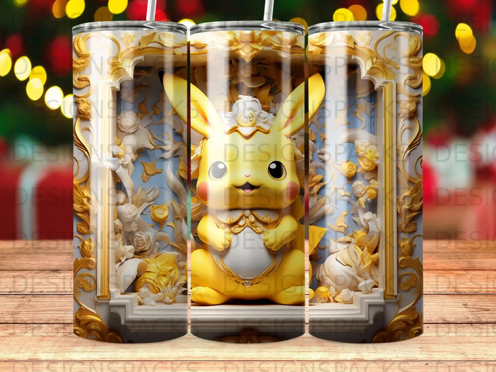 Pikachu in ornate gold frame, 3D rendered, on white pedestal.
