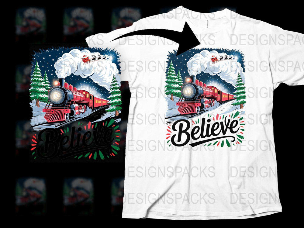 Vintage Train T-Shirt, Believe Christmas Tee, Holiday Graphic Shirt, Unique Snowy Scene Design, Festive Apparel