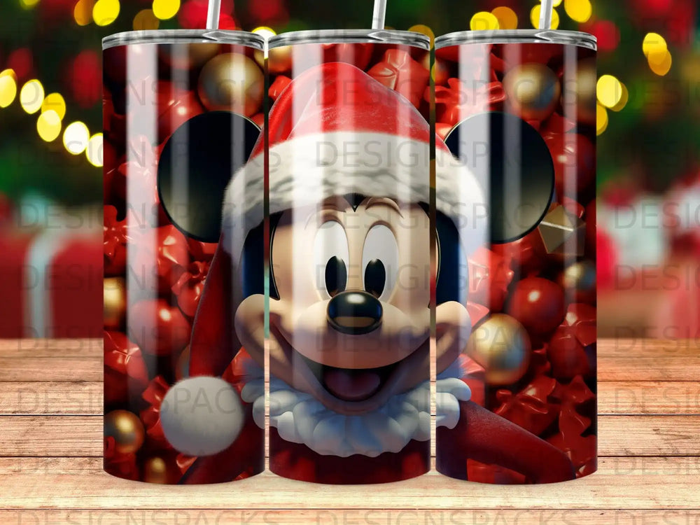 Mickey Mouse in Santa hat, festive holiday theme, three tumblers.