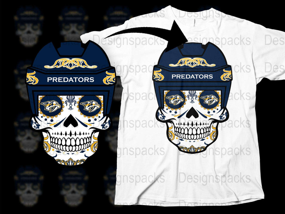 Predators Skull Graphic T-Shirt, Cool Navy Blue and Gold Design, Unique Skull Art Apparel, Stylish Casual Wear