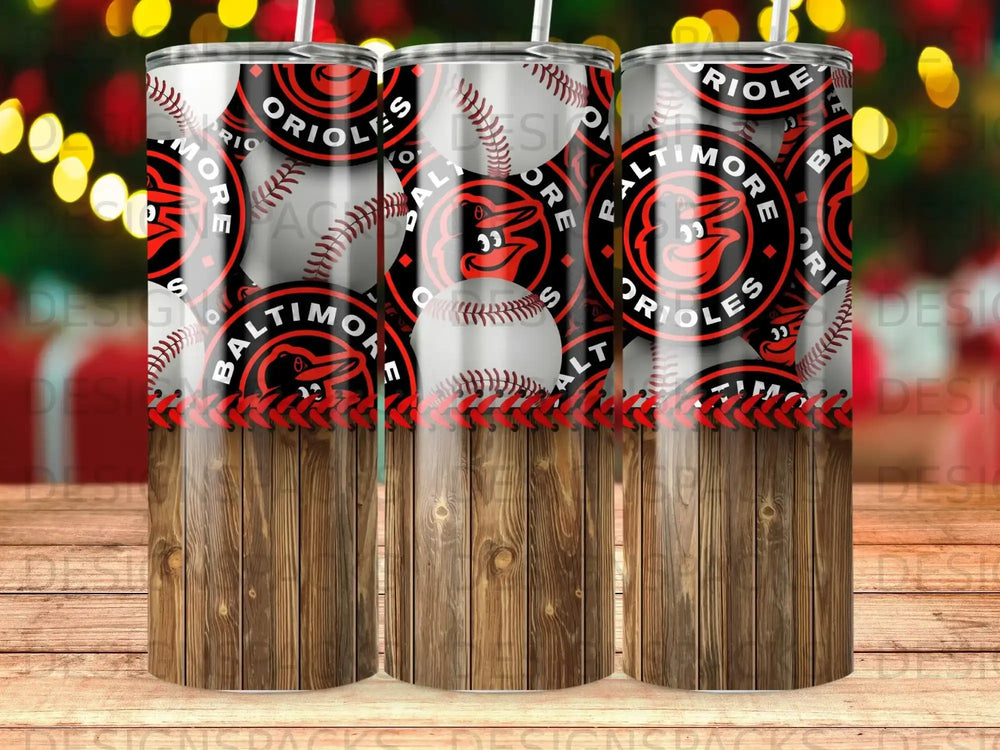Baltimore Orioles baseball tumbler with wood grain base.