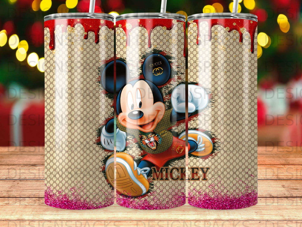 Mickey Mouse in Gucci outfit with repeating GG pattern background