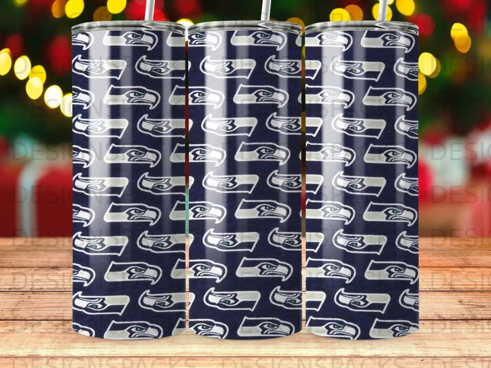 Seattle Seahawks logo pattern on a navy blue tumbler.