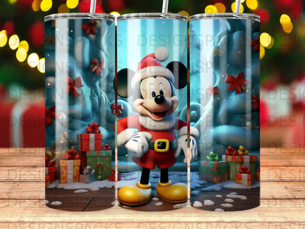 Mickey Mouse in Santa costume with gifts and snowy background.