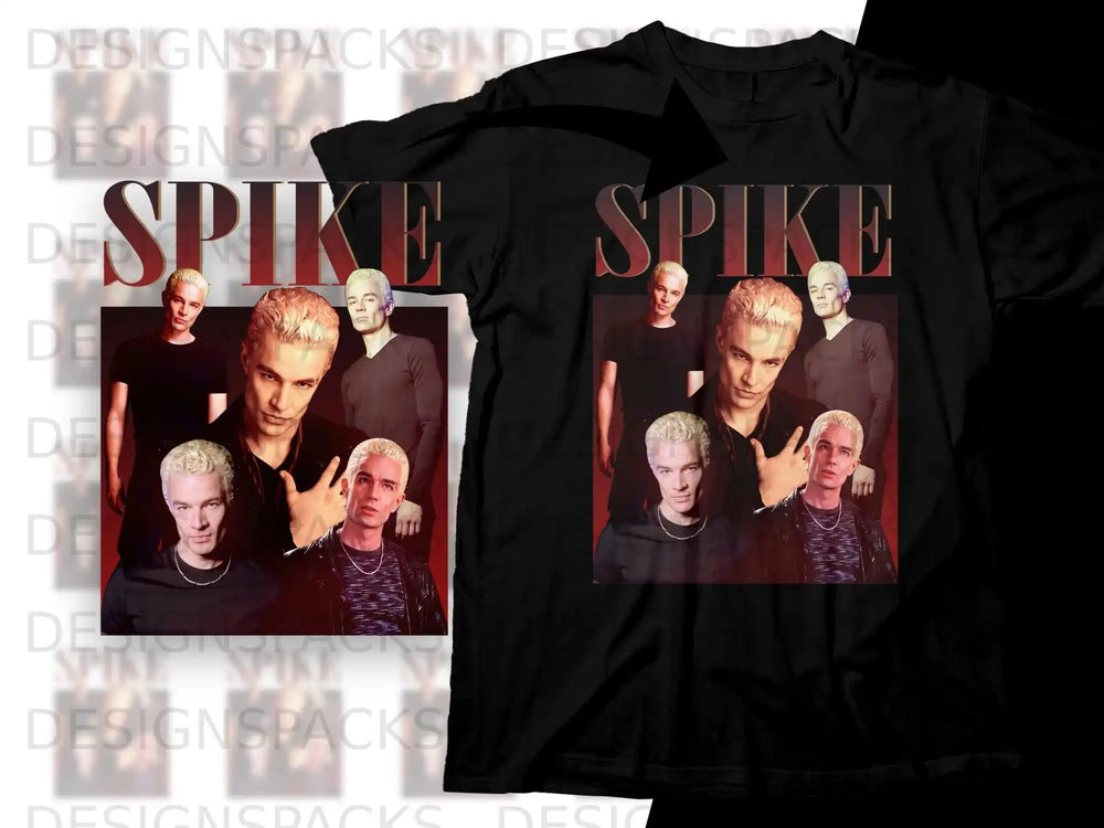 T-shirt mockup featuring a collage of Spike from Buffy the Vampire Slayer.