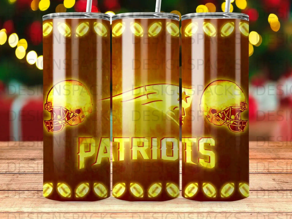 New England Patriots helmet and logo on a tumbler.