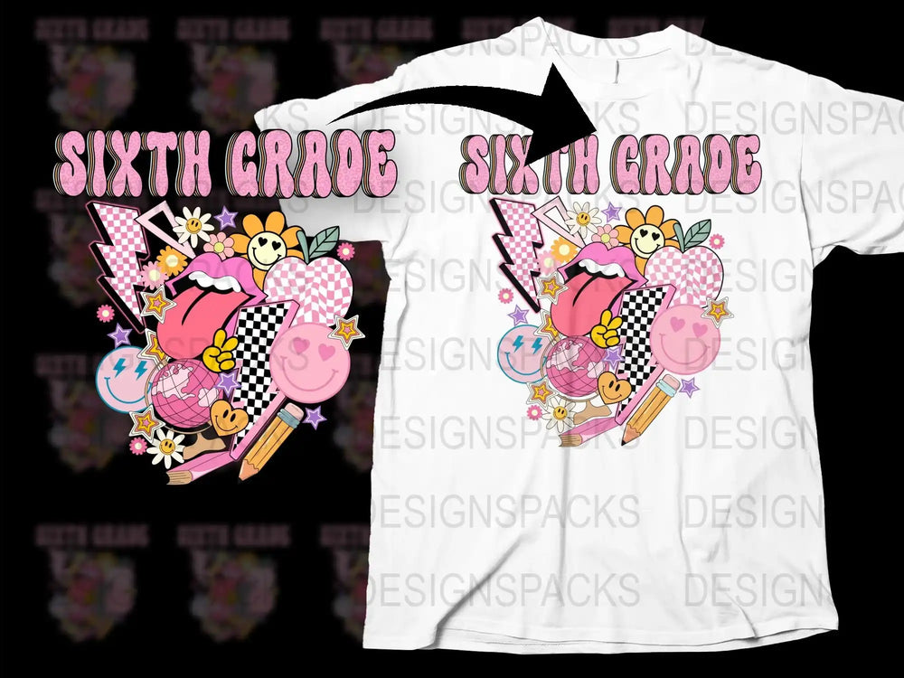Sixth Grade White T-Shirt Fun Cartoon Graphics School Supplies Design Colorful Kids Tee