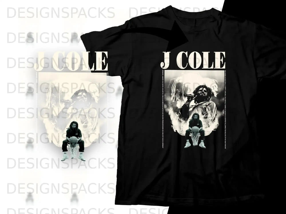 J. Cole t-shirt with rapper seated on a basketball hoop, black background.