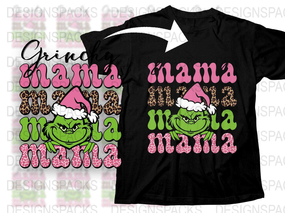Mama Grinch Christmas T-Shirt, Leopard Print, Pink Santa Hat, Holiday Tee for Women, Gift Idea
