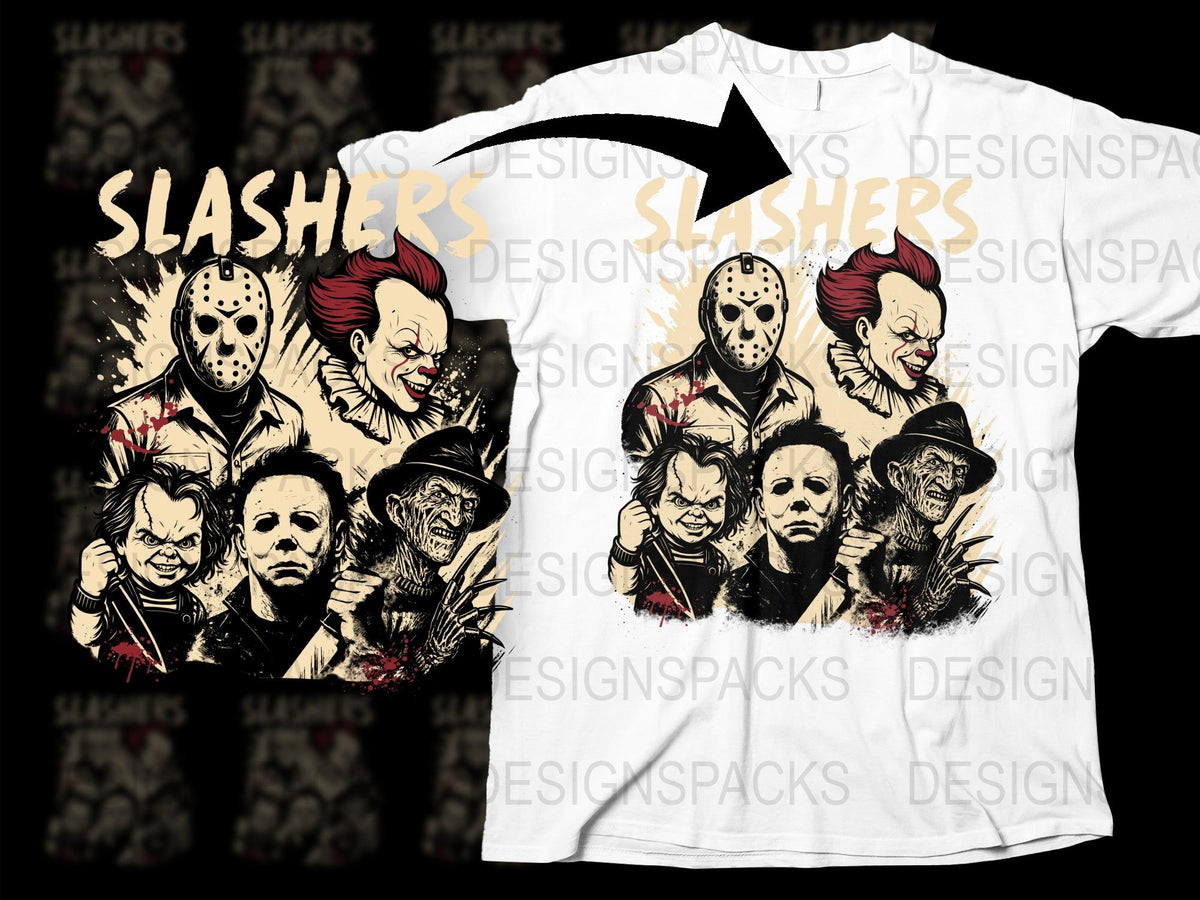 Horror Movie Icons T-Shirt, Slashers Graphic Tee, Jason and Pennywise, Unisex Horror Fan Apparel