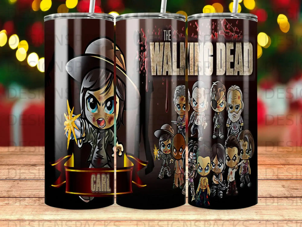 The Walking Dead cartoon characters with a spotlight on Carl holding a revolver.