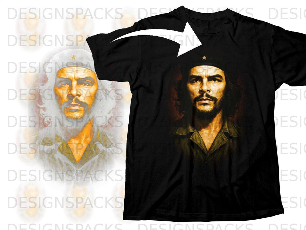 Black t-shirt with a portrait of Che Guevara wearing a beret.