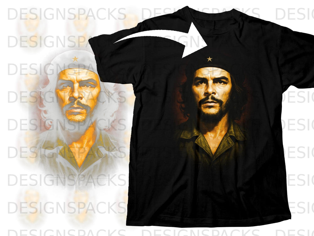 Black t-shirt with a portrait of Che Guevara wearing a beret.