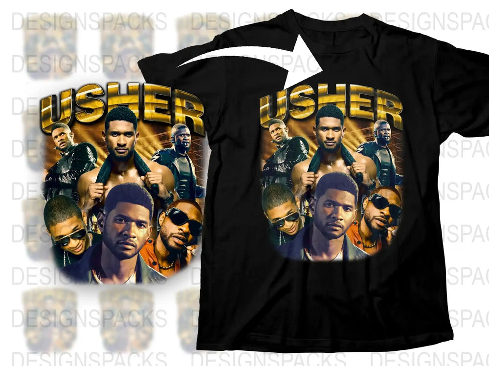 Usher T-Shirt Vintage Concert Tee, 90s RandB Music Fan Apparel, Hip Hop Graphic Shirt, Gift for Music Lovers, Unisex Black Cotton Top