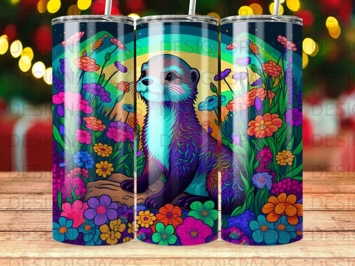 Colorful otter sits in a field of flowers with rainbow and abstract bokeh lights.