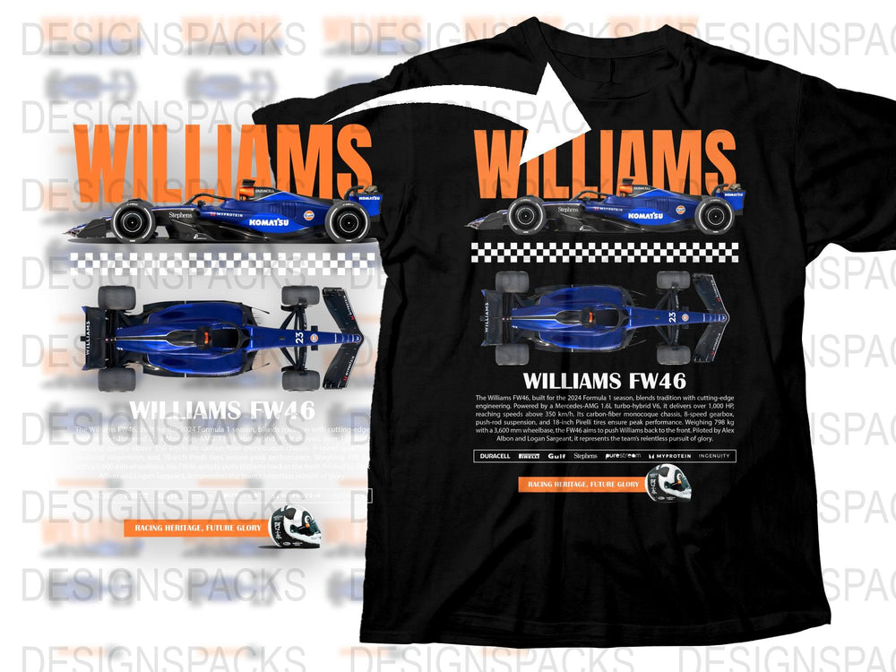 Williams FW46 Racing Car T-Shirt, Formula One Fan Apparel, Motorsport Graphic Tee, Collector's Item Black Shirt