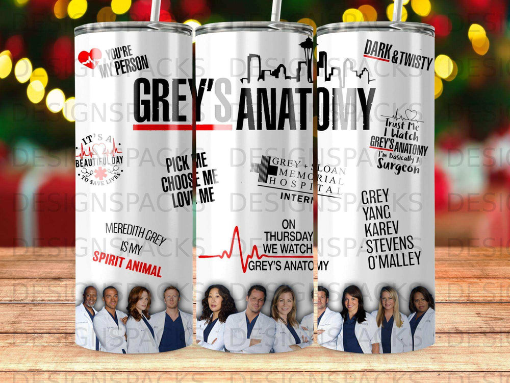 Grey's Anatomy collage tumbler featuring cast photos and show quotes.
