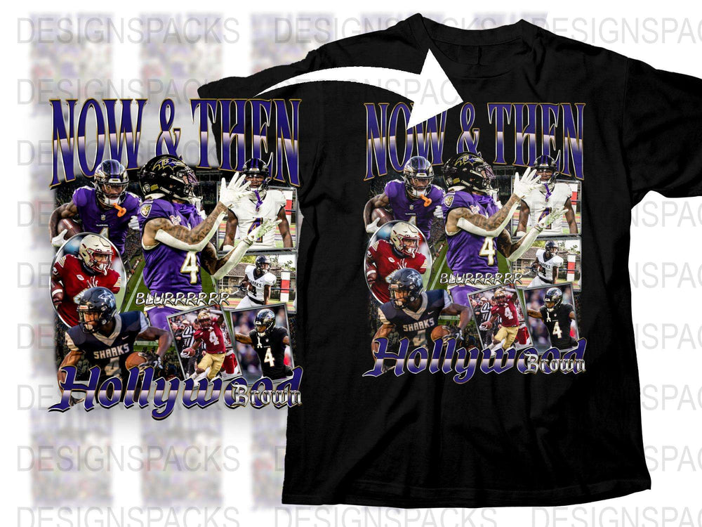 Hollywood Brown Now and Then Sports Star Graphic T-Shirt, Vintage Football Theme, Fan Apparel
