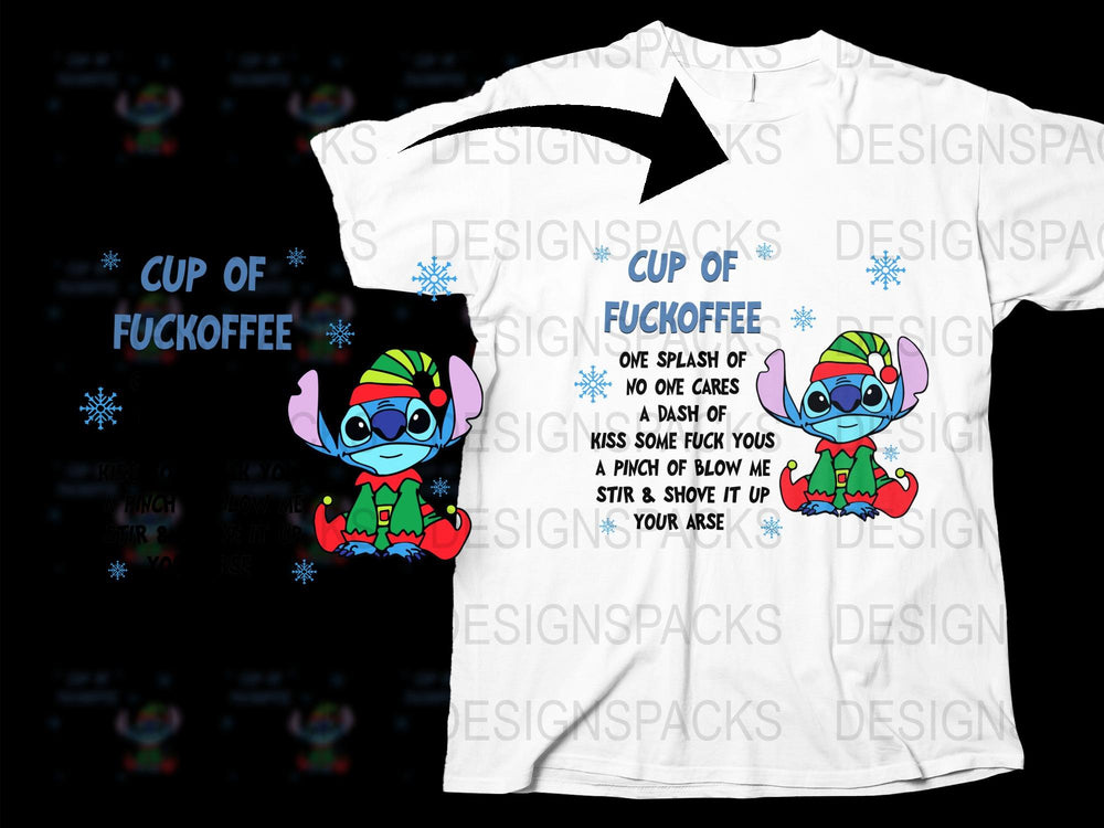 Novelty Graphic T-Shirt, Funny Elf Coffee Quote, Colorful Christmas Tee, Holiday Humor Apparel