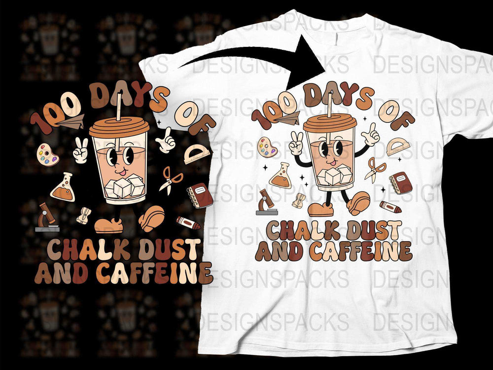 100 Days of Chalk Dust and Caffeine Teacher T-Shirt, Funny Educator Gift, Graphic Tee for Teachers, School Celebration Shirt