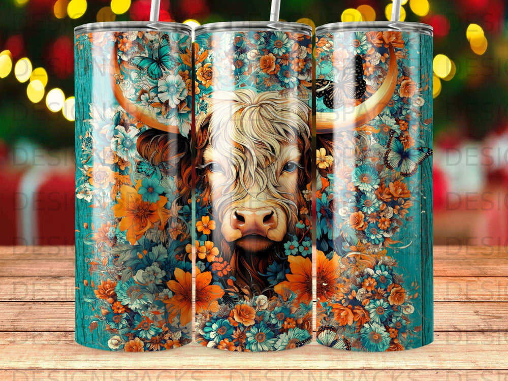 Highland cow portrait surrounded by vibrant flowers and butterflies on a teal wood background.