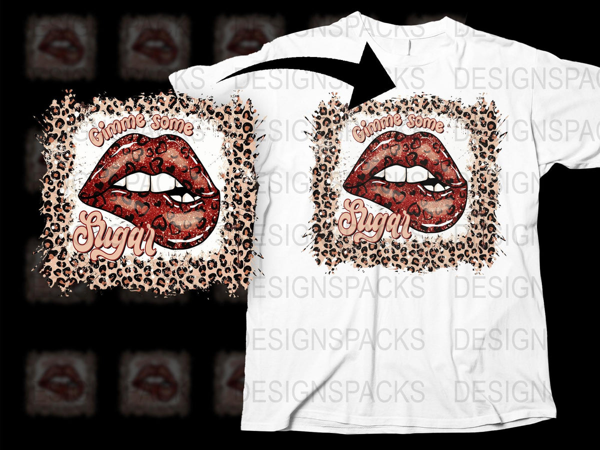 Graphic T-Shirt 'Gimme Some Sugar' Leopard Print Lips Trendy Casual Tee Top