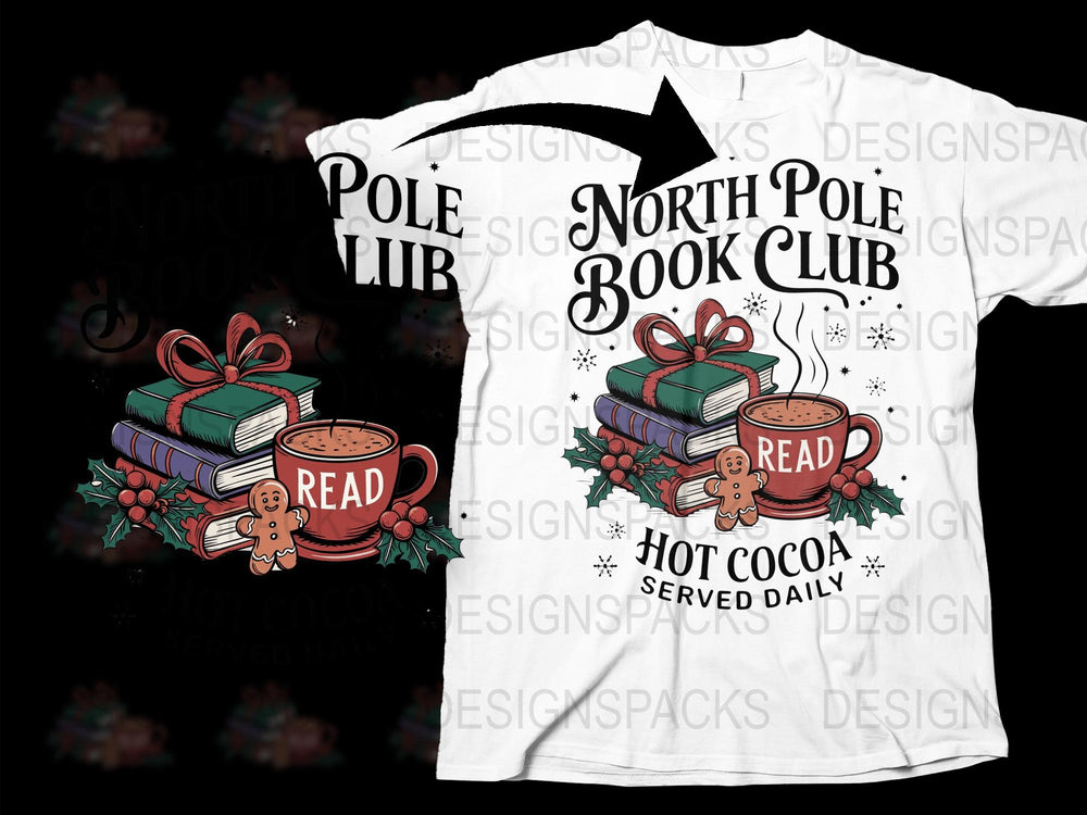 North Pole Book Club T-Shirt, Christmas Gift Tee, Hot Cocoa Design, Holiday Apparel