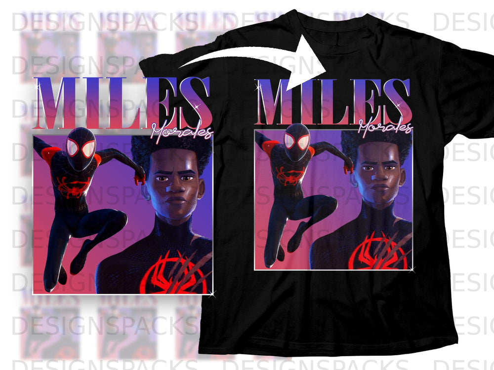 Black t-shirt with "MILES MORALES" and two images of Spider-Man.