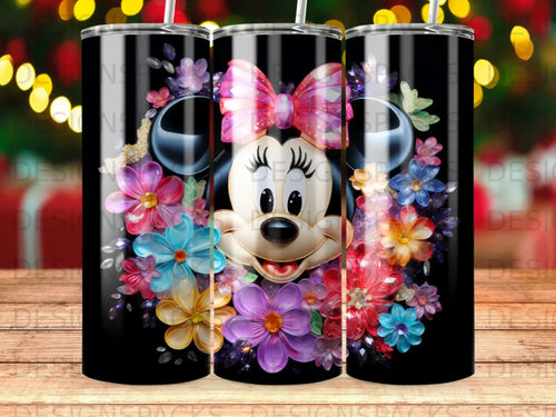 Minnie Mouse with colorful flowers and a pink bow on a black background.