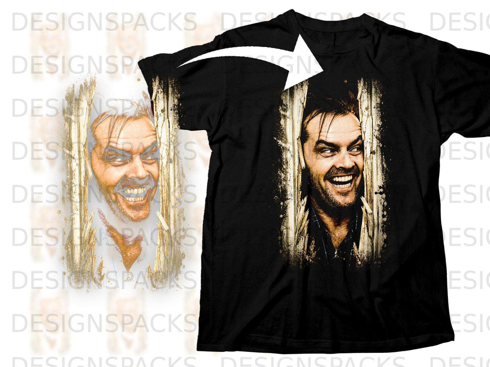 Black t-shirt with a distressed graphic of Jack Nicholson's face peering through wooden slats.