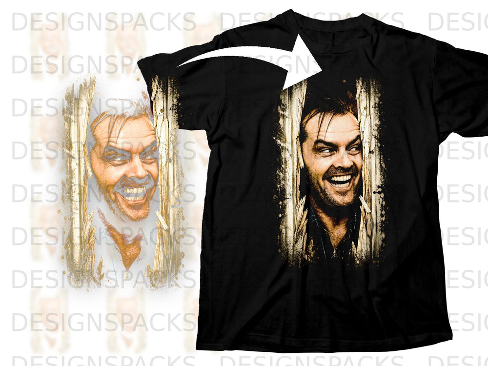 Black t-shirt with a distressed graphic of Jack Nicholson's face peering through wooden slats.