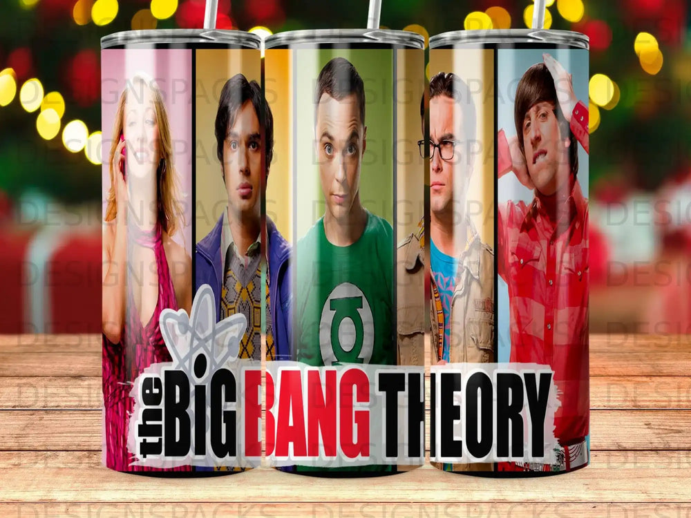 The Big Bang Theory logo with cast members Leonard, Sheldon, Howard, and Rajesh.