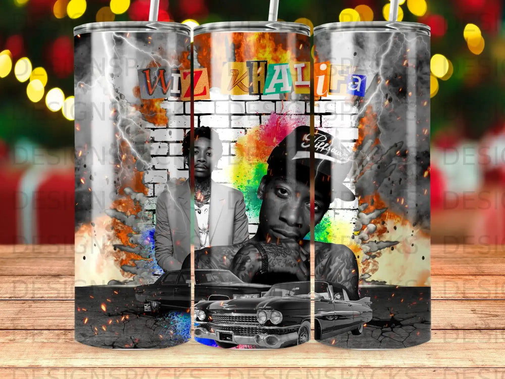 Wiz Khalifa with classic cars and fire graphic on tumbler.
