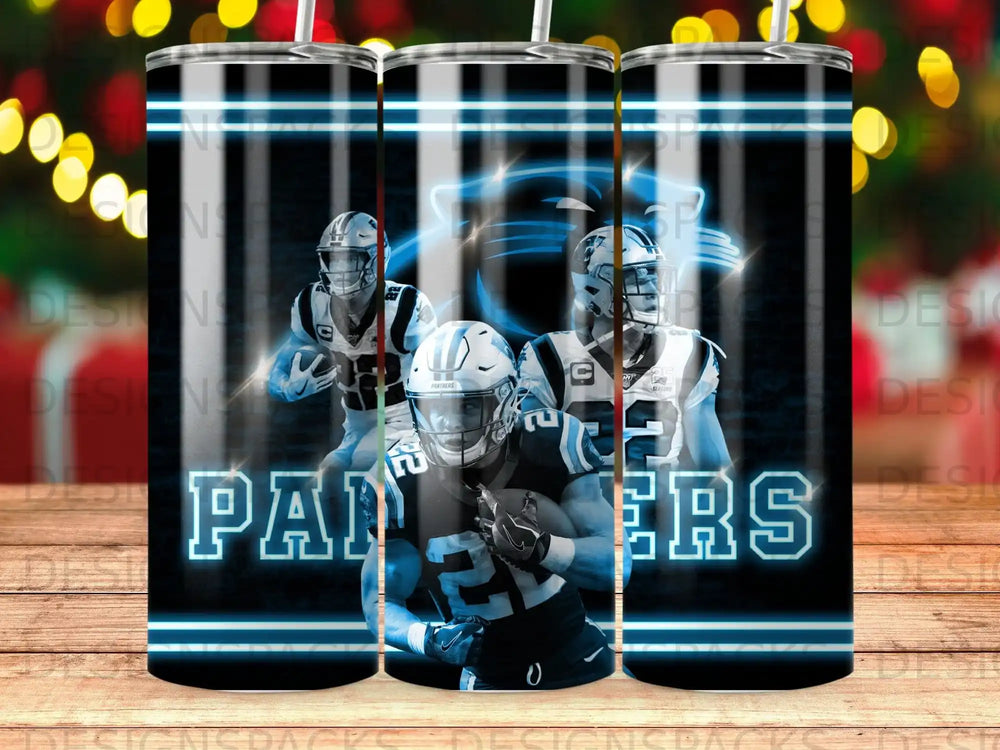 Carolina Panthers helmet and players with neon blue and white stripes.