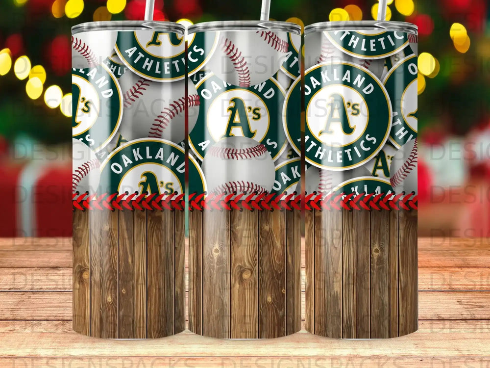 Oakland Athletics logo and baseball design on three tumblers with wood grain base.
