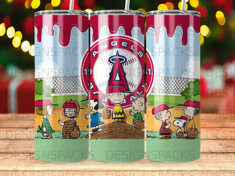 Los Angeles Angels baseball team logo with Peanuts characters on tumblers.