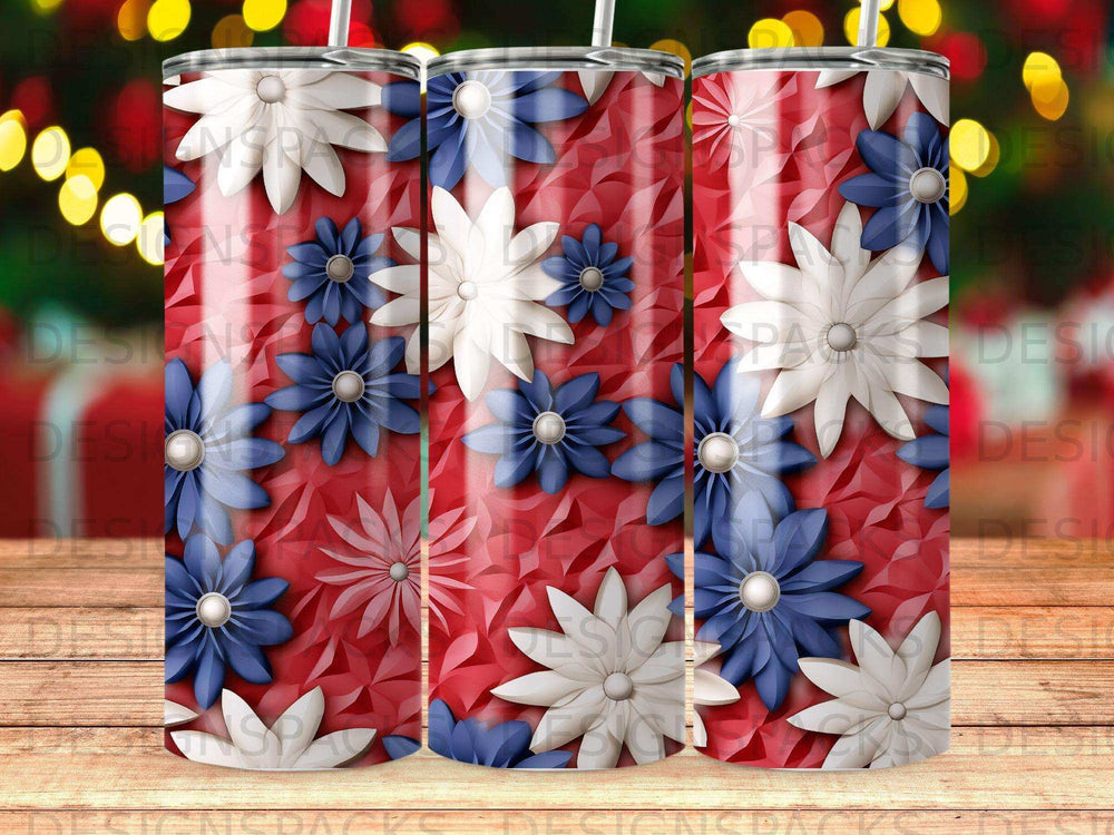 Red tumbler with white and blue floral pattern.