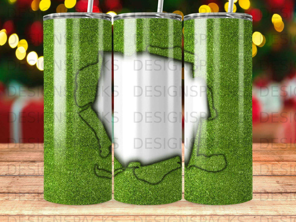 Green glitter tumbler with a white outline of the state of Texas.