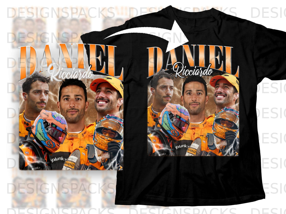 Daniel Ricciardo graphic with three portraits and lightning effect on black t-shirt.