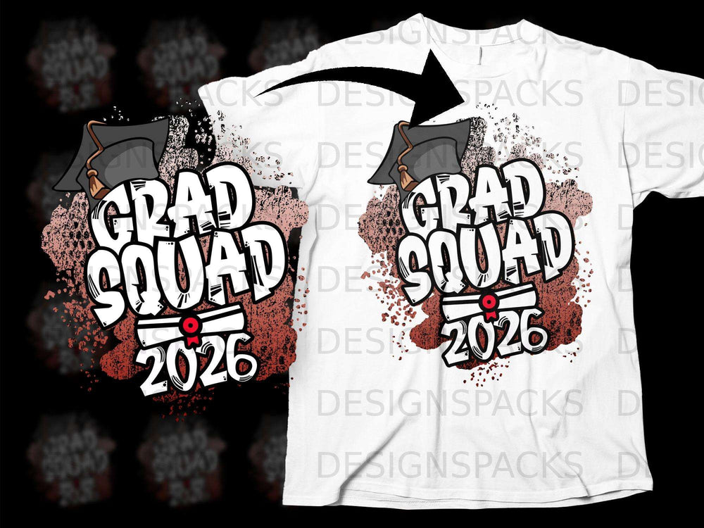 White t-shirt graphic with "GRAD SQUAD 2026" and graduation cap design.