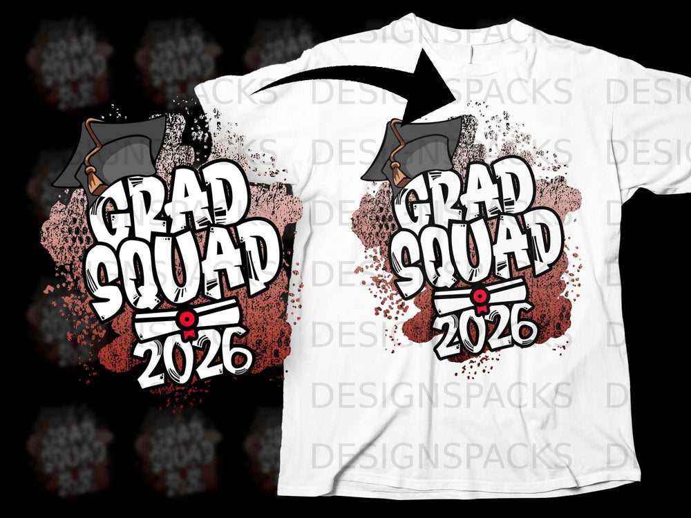 White t-shirt graphic with "GRAD SQUAD 2026" and graduation cap design.