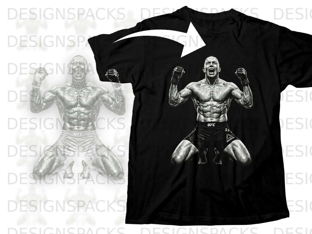 Black t-shirt featuring a black and white graphic of a muscular fighter with UFC and Reebok logos.