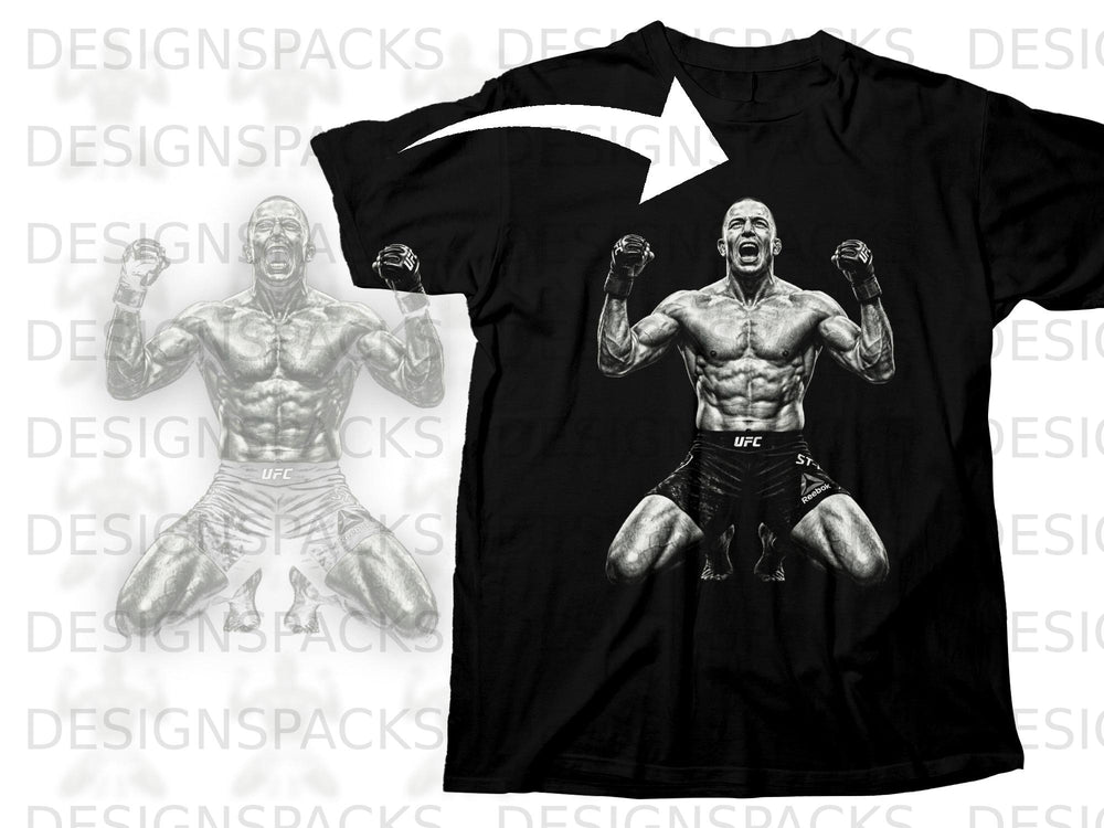 Black t-shirt featuring a black and white graphic of a muscular fighter with UFC and Reebok logos.